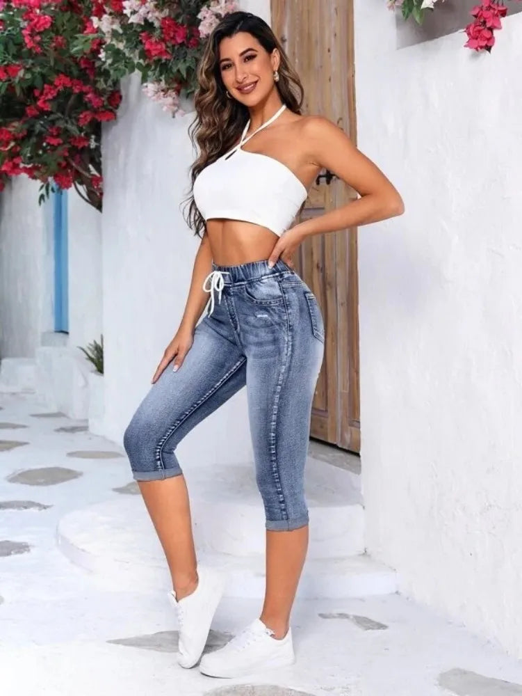 2023 Summer New Women's Elastic Waist Jeans Fashion High Stretch Skinny Calf-Length Denim Pencil Pants Casual Female Clothing