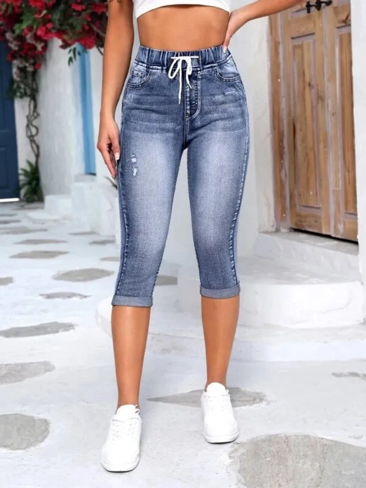 2023 Summer New Women's Elastic Waist Jeans Fashion High Stretch Skinny Calf-Length Denim Pencil Pants Casual Female Clothing