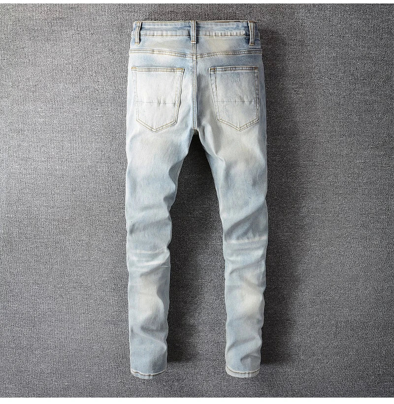 Men Crystal Holes Ripped Patchwork Jeans Streetwear Light Blue Denim Slim Skinny Pencil Pants Trousers