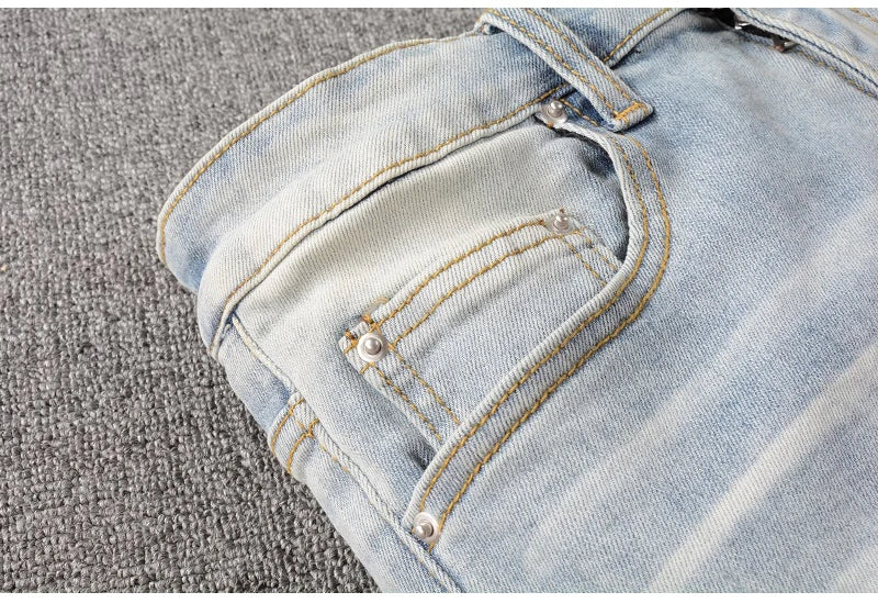 Men Crystal Holes Ripped Patchwork Jeans Streetwear Light Blue Denim Slim Skinny Pencil Pants Trousers