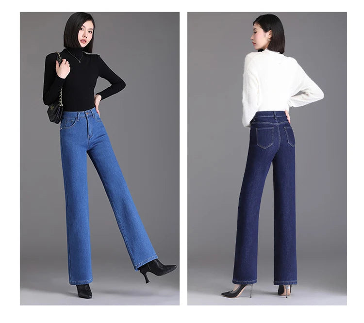 Elegant high waist plush straight leg jeans women long thicken warm oversize winter stretch denim pants velvet hot lining 8XL