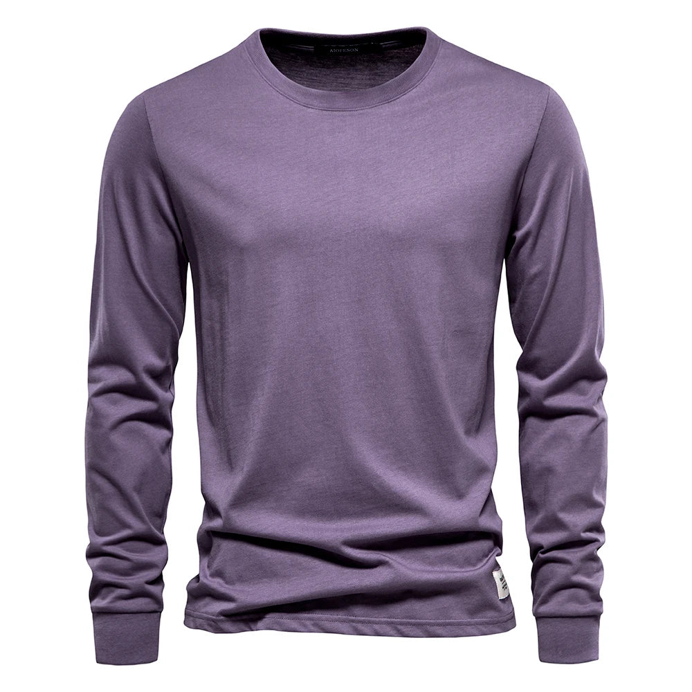 AIOPESON Solid Color Cotton T Shirt Men Casual O-neck Long Sleeved Mens Tshirts Spring Autumn High Quality Basic T-shirt Male