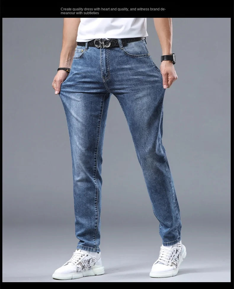 2024 new Korean light luxury high-end personalized printing Slim men's casual pants stretch versatile straight jeans