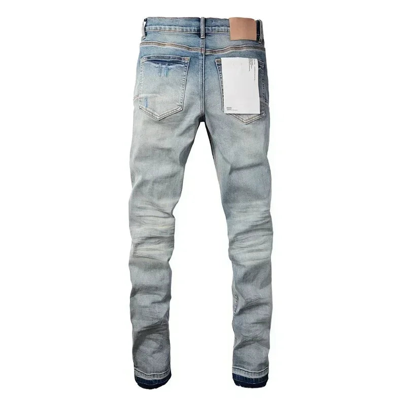 2024 Purples Man jeans brand high street blue ripped distressed fashion repair low rise skinny denim trousers brand pants