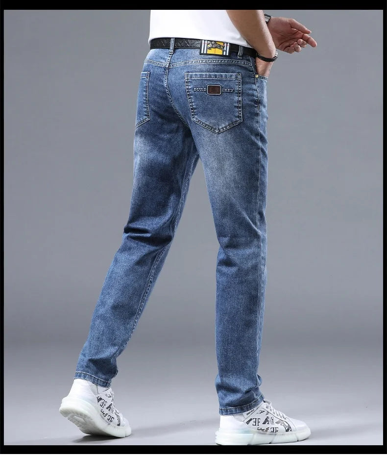 2024 new Korean light luxury high-end personalized printing Slim men's casual pants stretch versatile straight jeans