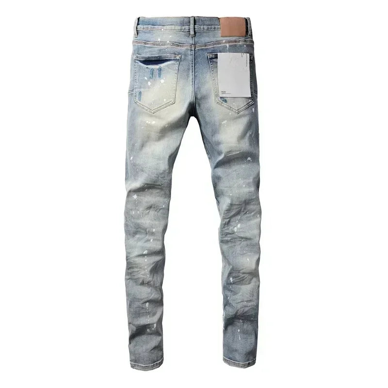 2024 Purples Man jeans brand high street blue ripped distressed fashion repair low rise skinny denim trousers brand pants