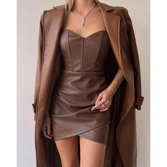 Elegant Women Strapless Pu Leather Bodycon Party Dress Fashion Slim Waist Sexy Dresses for Lady Nightclub Mini Dress Clothes