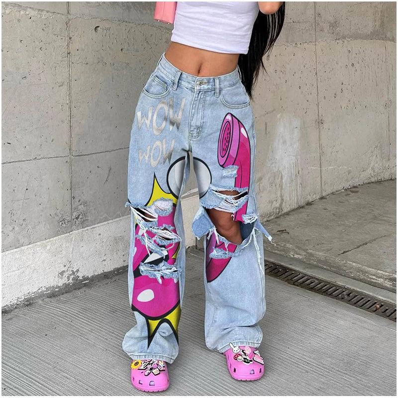 Women's jeans long high waist ripped printing thick edge European and American wide-leg pants trend Y2K personalized jeans