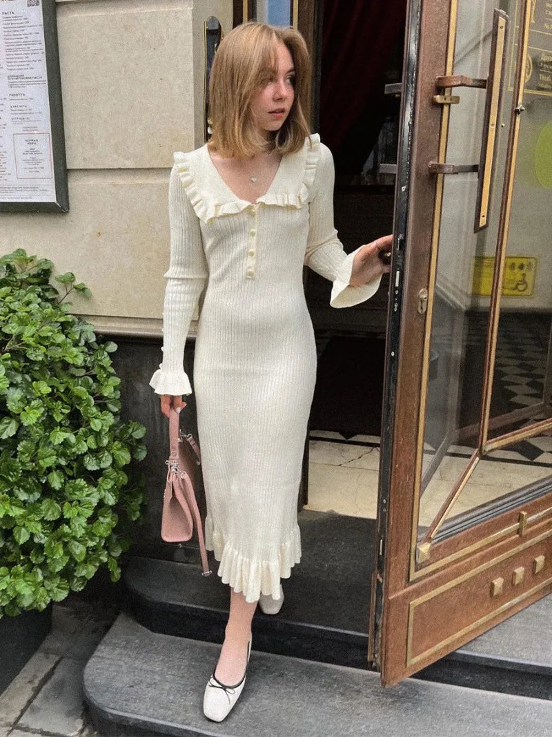 TARUXY High Waist Ruffled Maxi Dresses For Women Autumn Winter Knitted Slim Long Dress Women's Vintage Dress Woman Retro Elegant