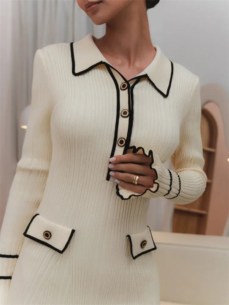 BWQ Ruffled Fashion Knitted Dress Women 2024 Spring Ribbed Long Sleeve High Waist Lapel Gown Dress Knitwear Mini Dresses