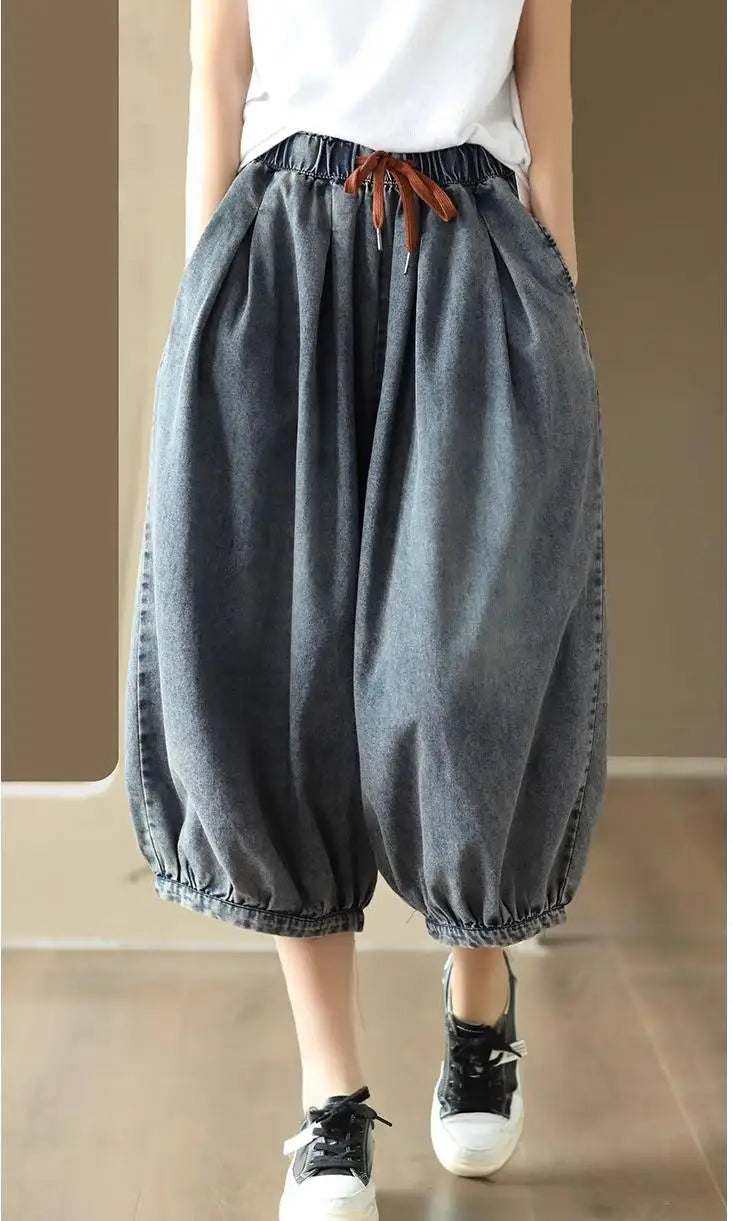 New Women's Summer High-waisted Oversized Calf-length Wide-leg Pants Versatile Casual Loose Streetwear Drawstring Baggy Jeans