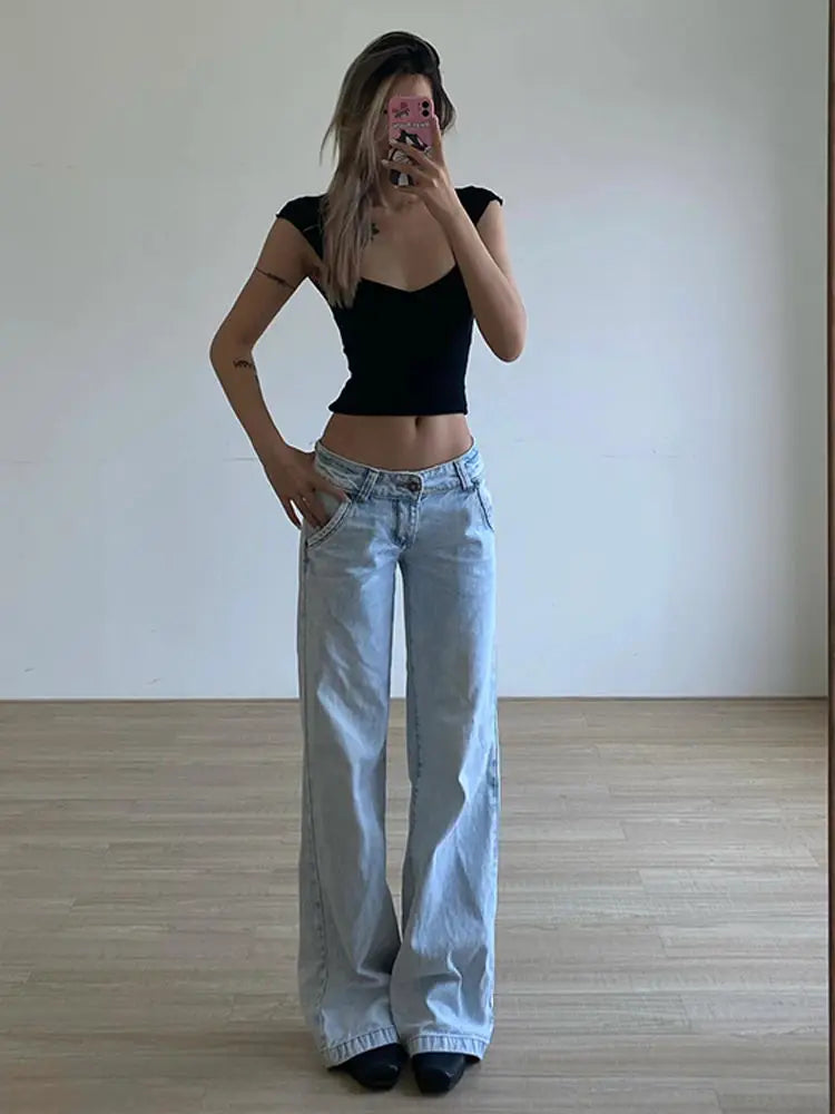 Deeptown Light Blue Low Waist Jeans Woman Streetwear American Vintage Denim Pants Female Casual Washed Straight Pantalons Mujer