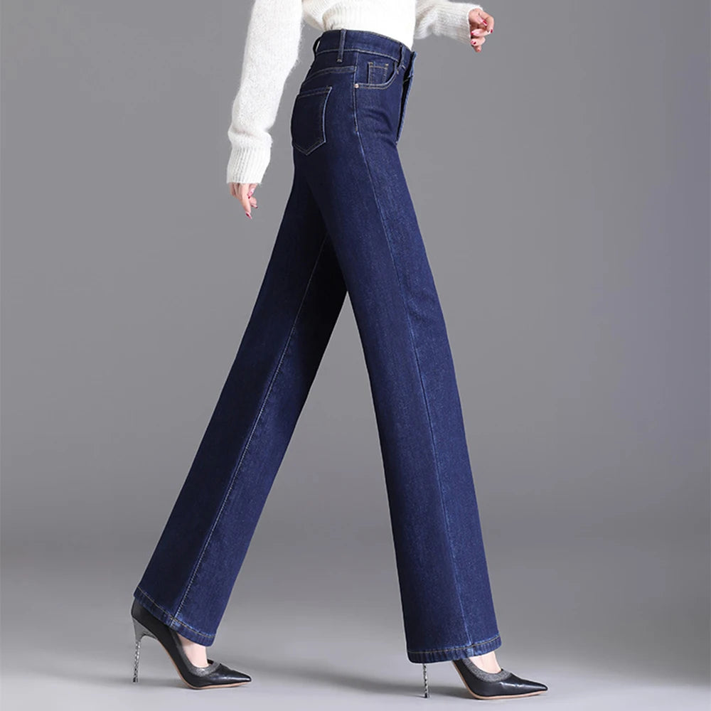 Elegant high waist plush straight leg jeans women long thicken warm oversize winter stretch denim pants velvet hot lining 8XL