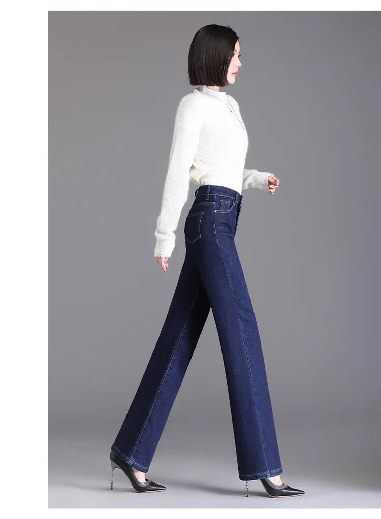 Elegant high waist plush straight leg jeans women long thicken warm oversize winter stretch denim pants velvet hot lining 8XL