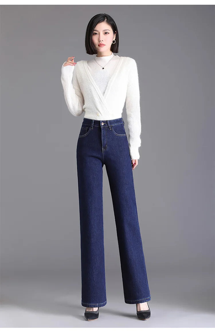 Elegant high waist plush straight leg jeans women long thicken warm oversize winter stretch denim pants velvet hot lining 8XL