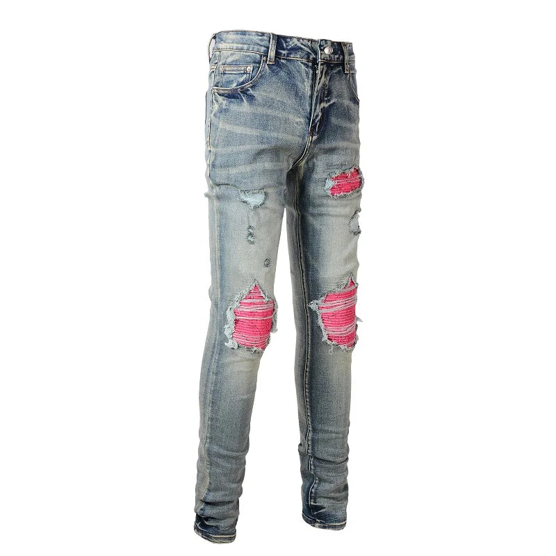 Men's Cracked Patch Biker Jeans Streetwear Pleated Patchwork Stretch Denim Pants Holes Ripped Distressed Skinny Tapered Trousers