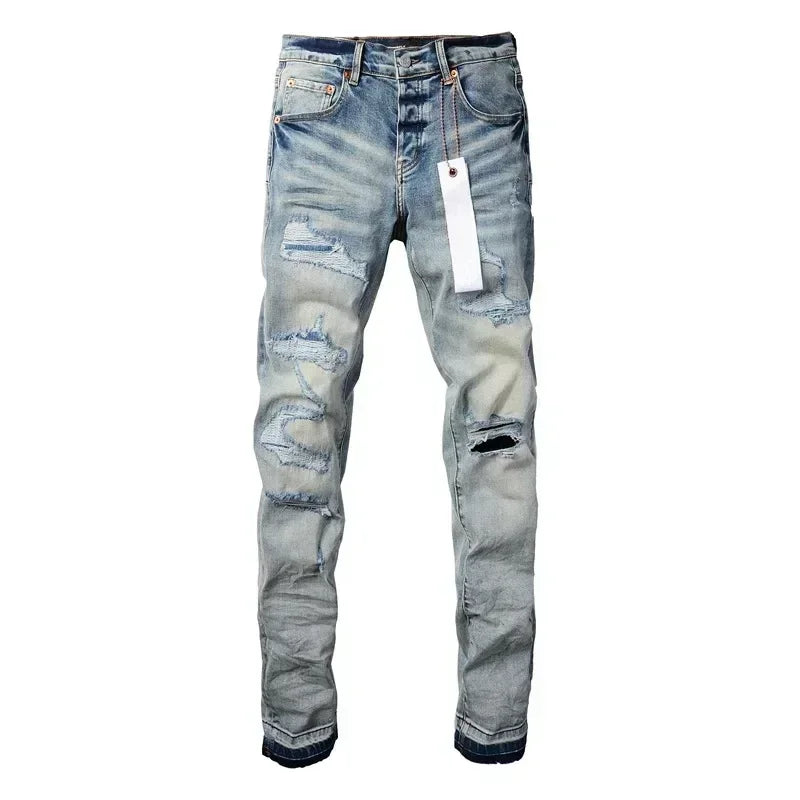 2024 Purples Man jeans brand high street blue ripped distressed fashion repair low rise skinny denim trousers brand pants