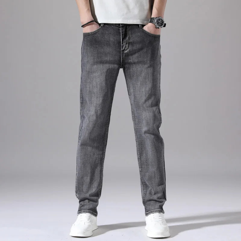 Cotton Stretch Jeans Business Casual Men's Thin Denim Jeans Grey Spring Summer Brand New Fit Straight Lightweight