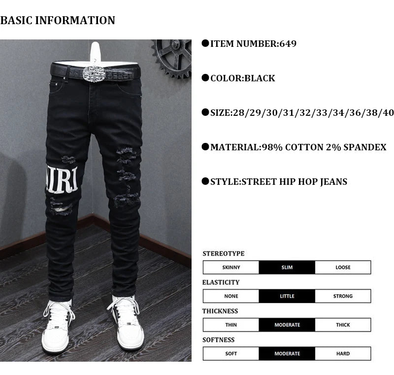 High street fashion new black men's jeans stretch slim fit retro washed embroidered jeans designer hip-hop brand pants hombre