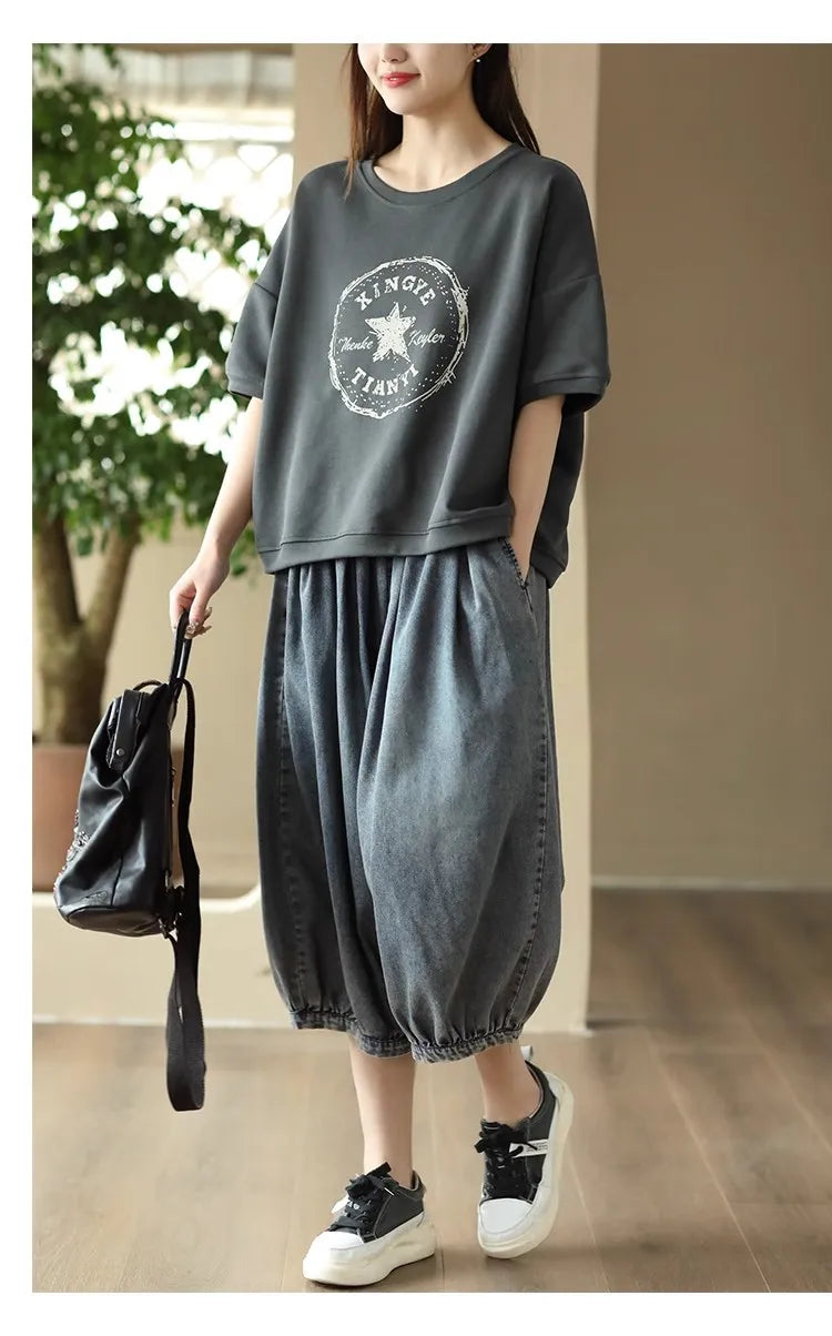 New Women's Summer High-waisted Oversized Calf-length Wide-leg Pants Versatile Casual Loose Streetwear Drawstring Baggy Jeans