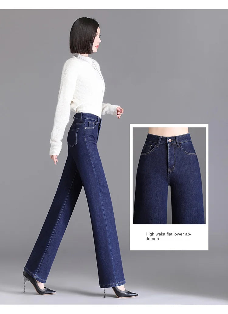 Elegant high waist plush straight leg jeans women long thicken warm oversize winter stretch denim pants velvet hot lining 8XL