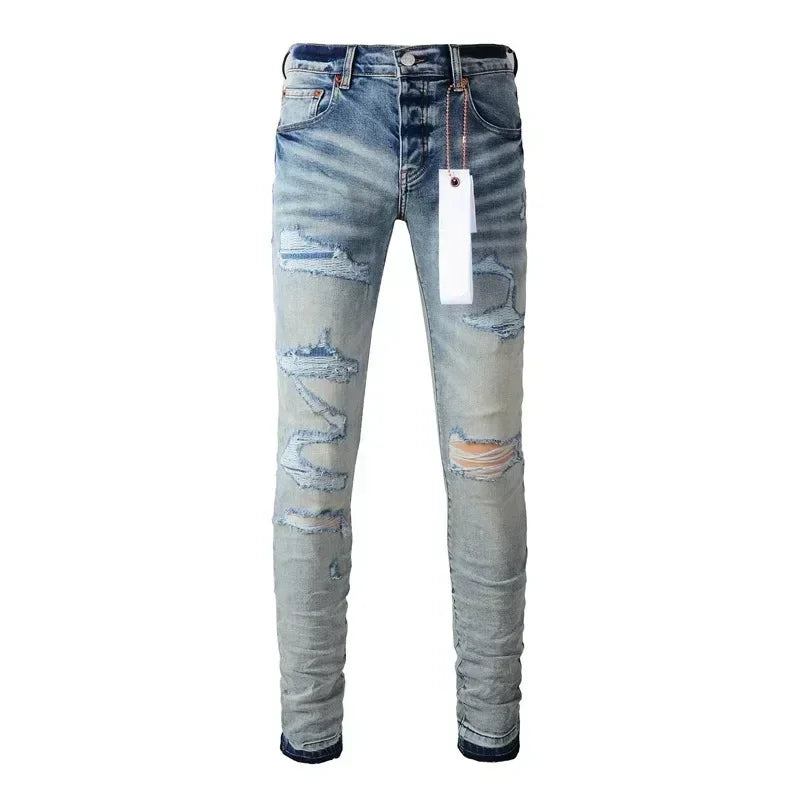 2024 Purples Man jeans brand high street blue ripped distressed fashion repair low rise skinny denim trousers brand pants