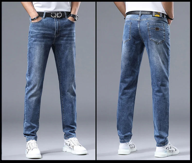 2024 new Korean light luxury high-end personalized printing Slim men's casual pants stretch versatile straight jeans