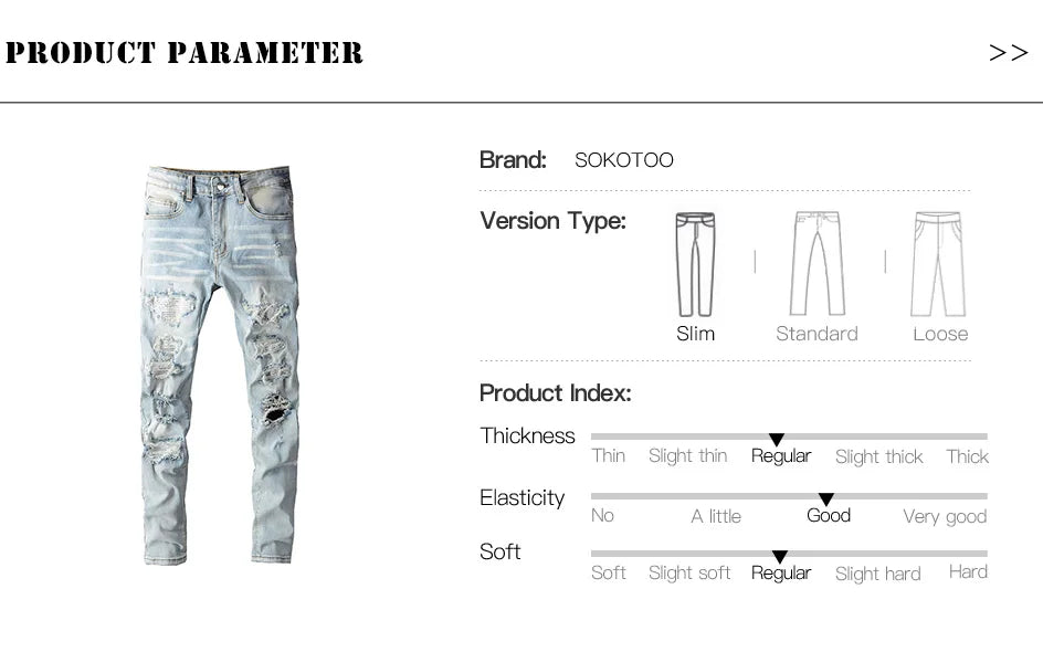 Men Crystal Holes Ripped Patchwork Jeans Streetwear Light Blue Denim Slim Skinny Pencil Pants Trousers