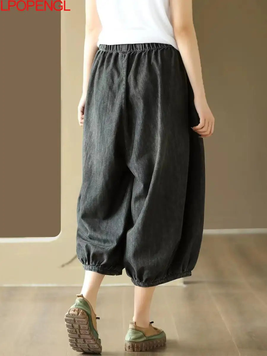 New Women's Summer High-waisted Oversized Calf-length Wide-leg Pants Versatile Casual Loose Streetwear Drawstring Baggy Jeans