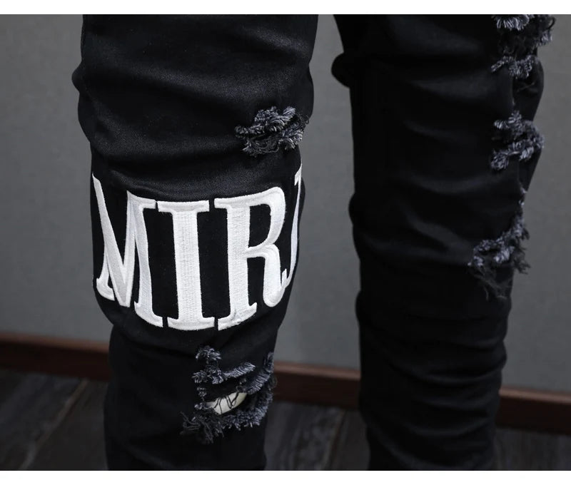 High street fashion new black men's jeans stretch slim fit retro washed embroidered jeans designer hip-hop brand pants hombre