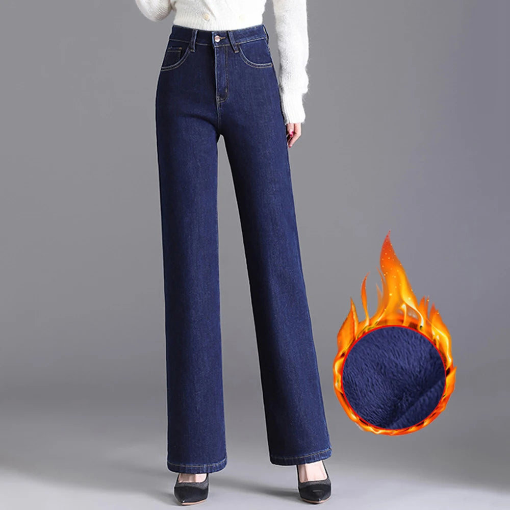 Elegant high waist plush straight leg jeans women long thicken warm oversize winter stretch denim pants velvet hot lining 8XL