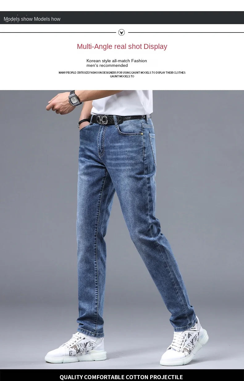 2024 new Korean light luxury high-end personalized printing Slim men's casual pants stretch versatile straight jeans