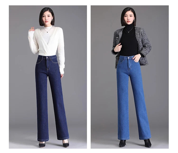 Elegant high waist plush straight leg jeans women long thicken warm oversize winter stretch denim pants velvet hot lining 8XL