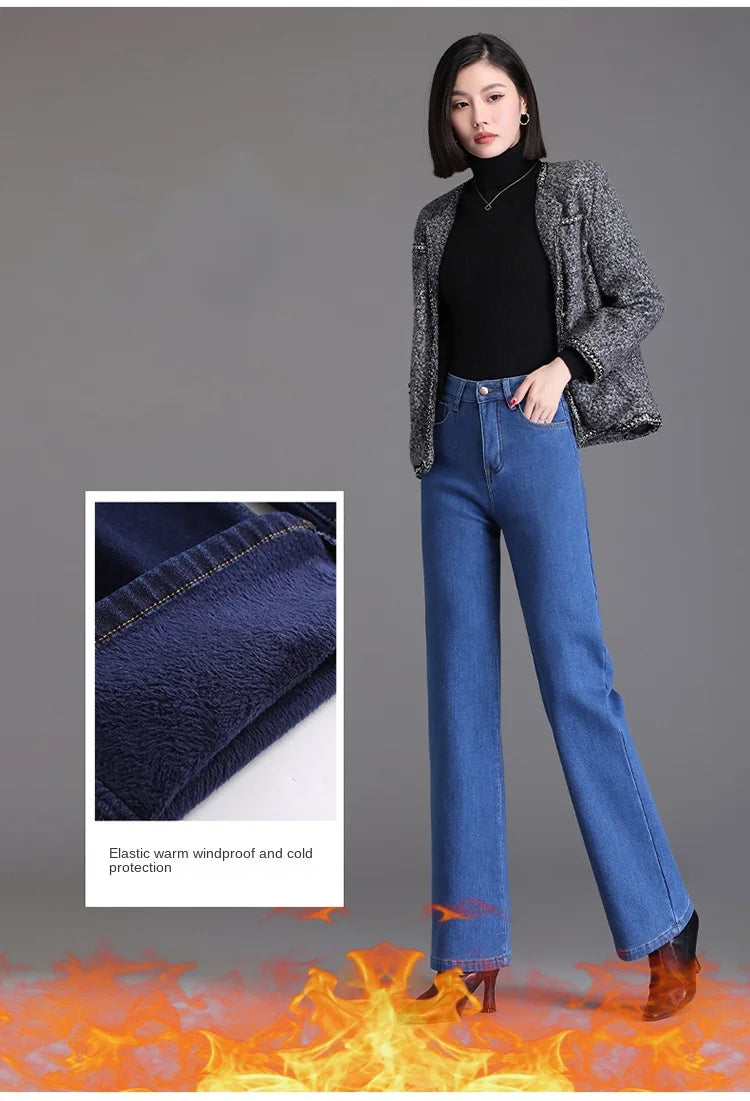 Elegant high waist plush straight leg jeans women long thicken warm oversize winter stretch denim pants velvet hot lining 8XL