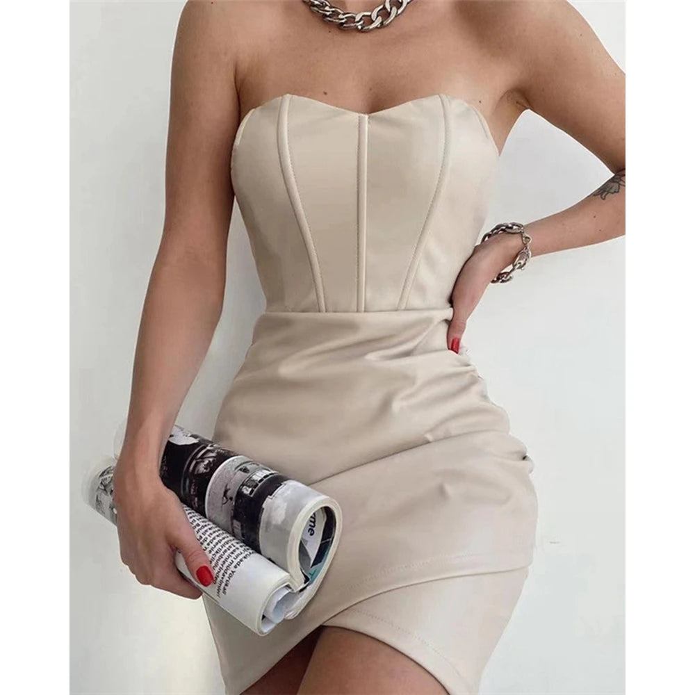 Elegant Women Strapless Pu Leather Bodycon Party Dress Fashion Slim Waist Sexy Dresses for Lady Nightclub Mini Dress Clothes