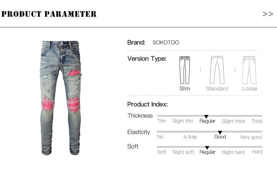 Men's Cracked Patch Biker Jeans Streetwear Pleated Patchwork Stretch Denim Pants Holes Ripped Distressed Skinny Tapered Trousers