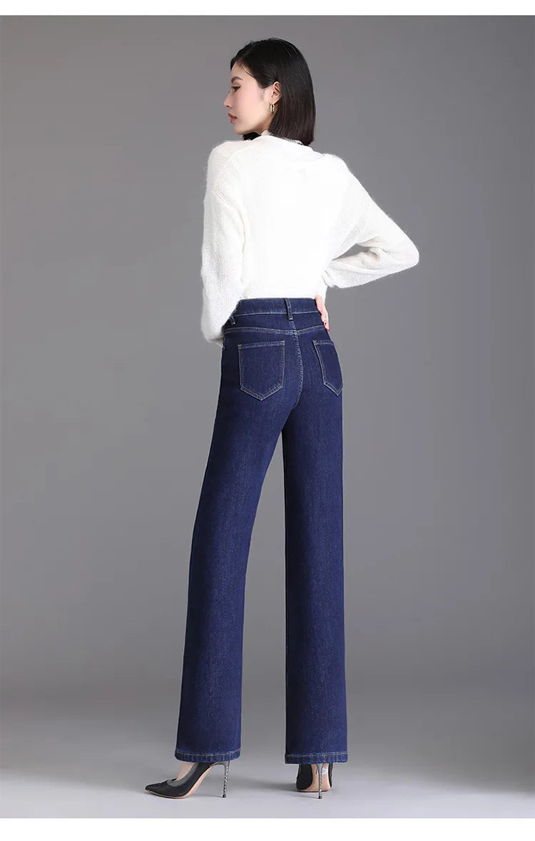 Elegant high waist plush straight leg jeans women long thicken warm oversize winter stretch denim pants velvet hot lining 8XL