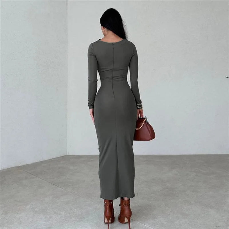 Cryptographic Autumn Elegant Ruched Long Bodycon Dress Fashion Outfits for Women Club Party Slinky Sexy Dresses Birthday Robes