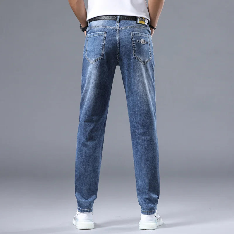 2024 new Korean light luxury high-end personalized printing Slim men's casual pants stretch versatile straight jeans