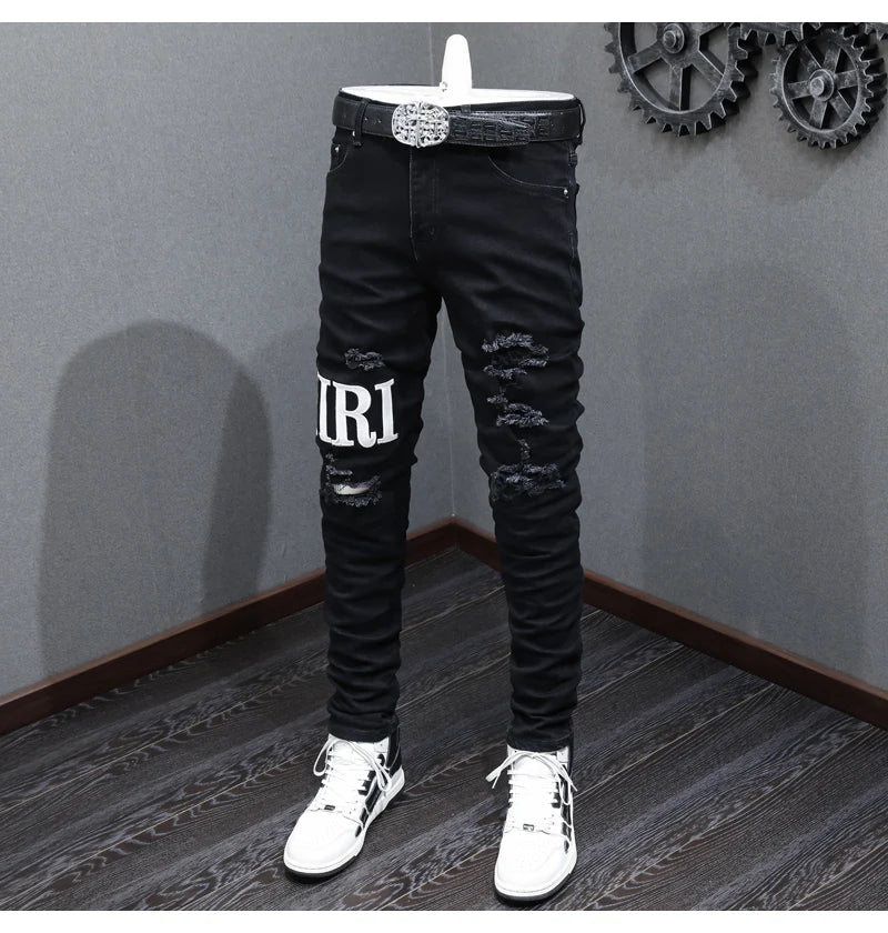 High street fashion new black men's jeans stretch slim fit retro washed embroidered jeans designer hip-hop brand pants hombre