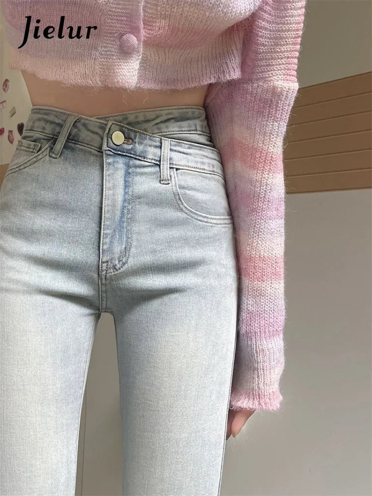 Jielur Irregular Light Blue Autumn Women's Jeans Fashion Office Lady High Waist Slim Tight Hip Zipper Simple Female Flare Pants