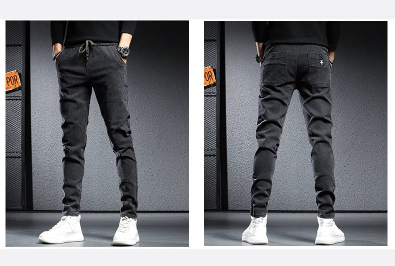 Autumn winter 2022 elastic waist thicken fleece jeans for men Slim fit small feet Korean fashion casual pants for men Long pants