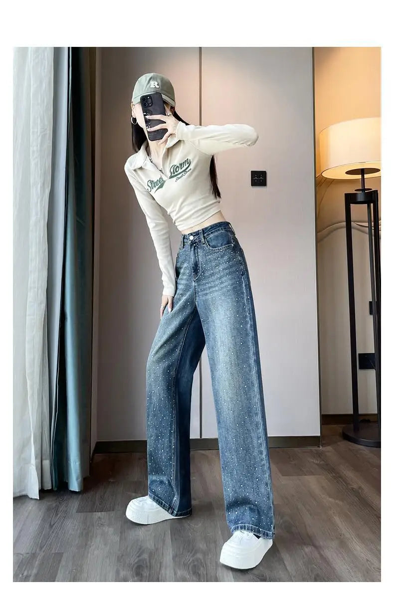 2024 Narrow Wide-Leg Jeans Women's Loose High Waist Straight Pants Autumn Niche Design Personality Rhinestone Mop Pants