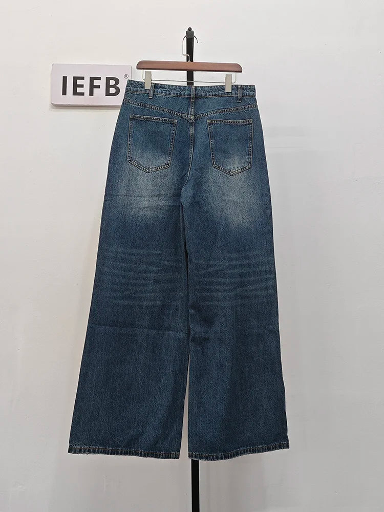 IEFB Summer Men's Denim Pants Old Blue Washed Male Jeans Straight Casual Menwear Loose Wide Leg Trousers 2024 New Fashion 9C354