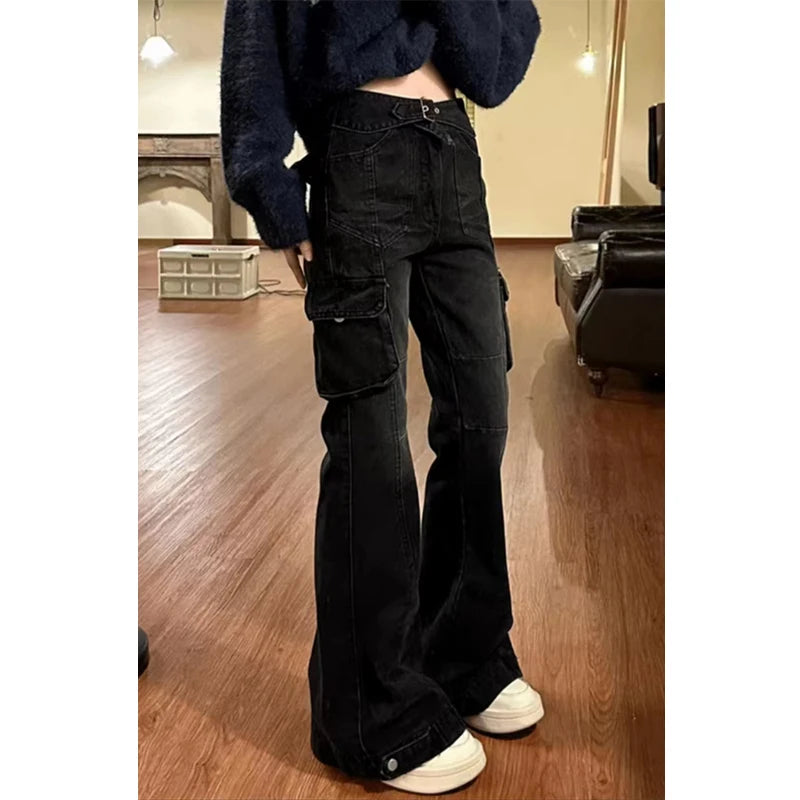 Women Black Gothic Cargo Flare Jeans Emo 2000s Vintage High Waist Baggy Denim Trousers Y2k Harajuku 90s Aesthetic Pants Clothes