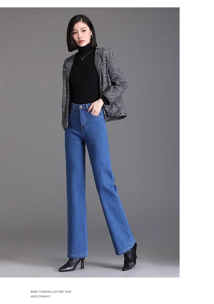 Elegant high waist plush straight leg jeans women long thicken warm oversize winter stretch denim pants velvet hot lining 8XL