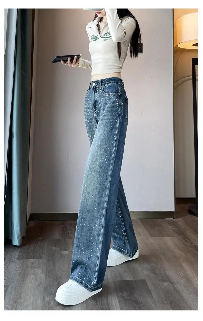 2024 Narrow Wide-Leg Jeans Women's Loose High Waist Straight Pants Autumn Niche Design Personality Rhinestone Mop Pants