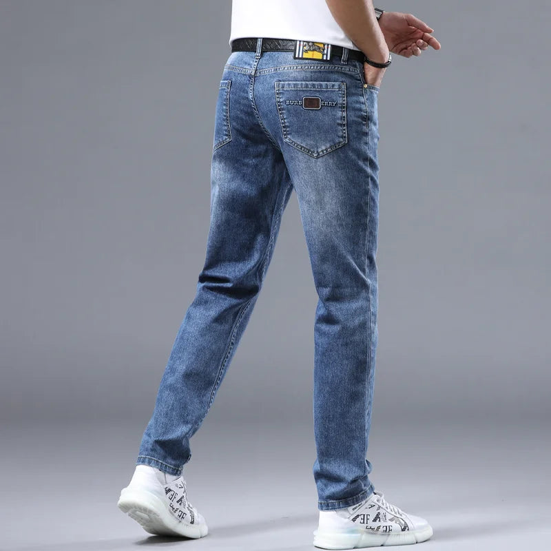 2024 new Korean light luxury high-end personalized printing Slim men's casual pants stretch versatile straight jeans