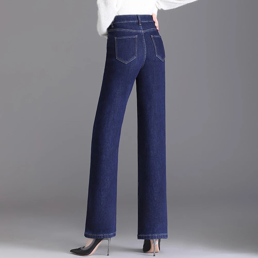 Elegant high waist plush straight leg jeans women long thicken warm oversize winter stretch denim pants velvet hot lining 8XL