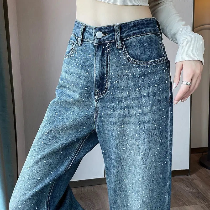 2024 Narrow Wide-Leg Jeans Women's Loose High Waist Straight Pants Autumn Niche Design Personality Rhinestone Mop Pants